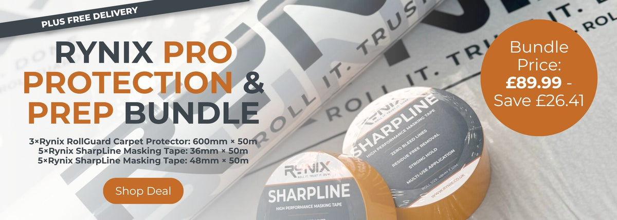 Promotional banner for the Rynix Pro Protection & Prep Bundle, showing two rolls of Rynix Sharpline Masking Tape and a Rynix RollGuard Carpet Protector, with promotional text and a price badge.