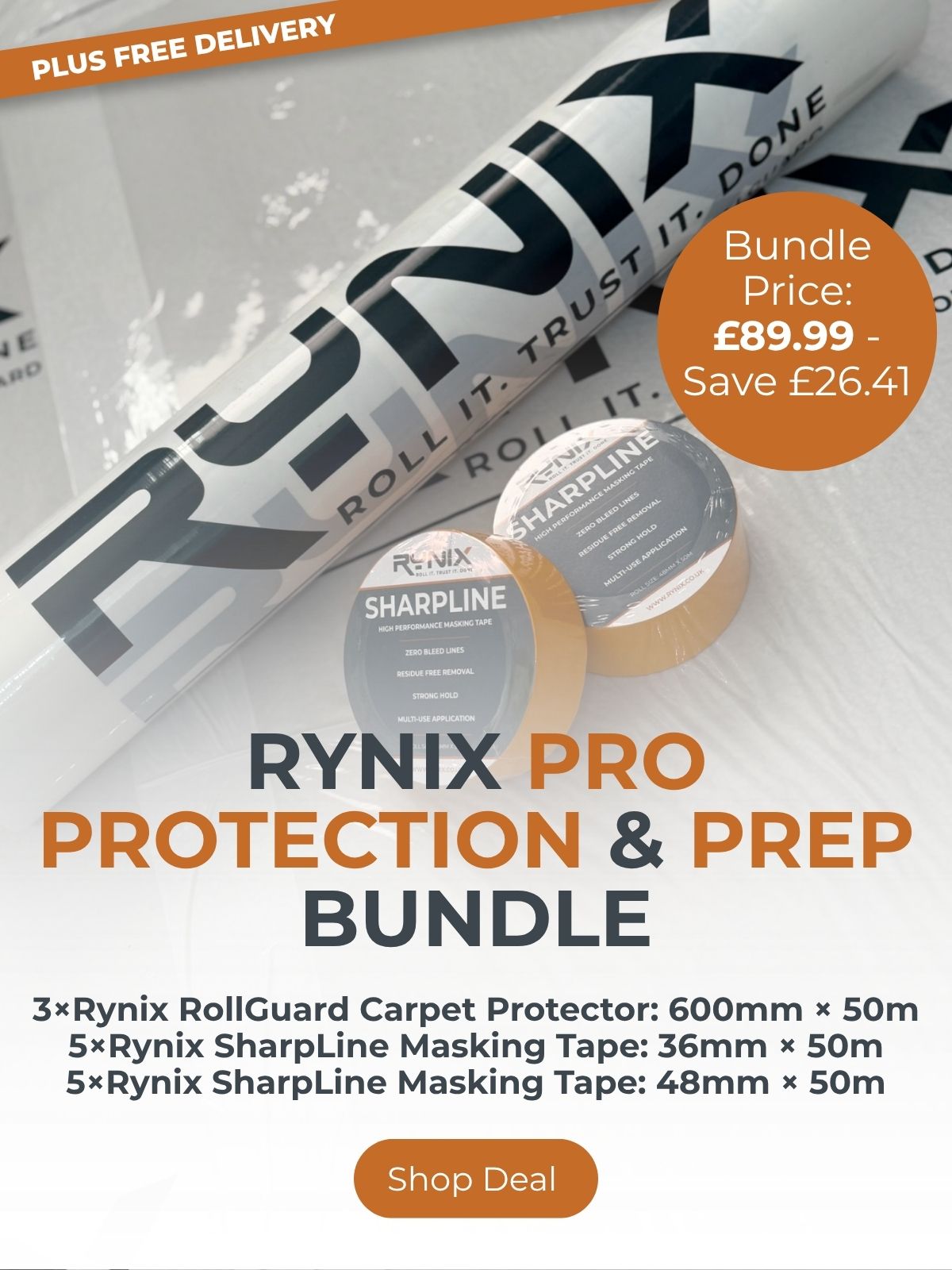 Promotional graphic for a Rynix Pro Protection & Prep Bundle, showing three rolls of Rynix carpet protector and five rolls of Rynix SharpLine masking tape on a white background with orange and black text overlays.